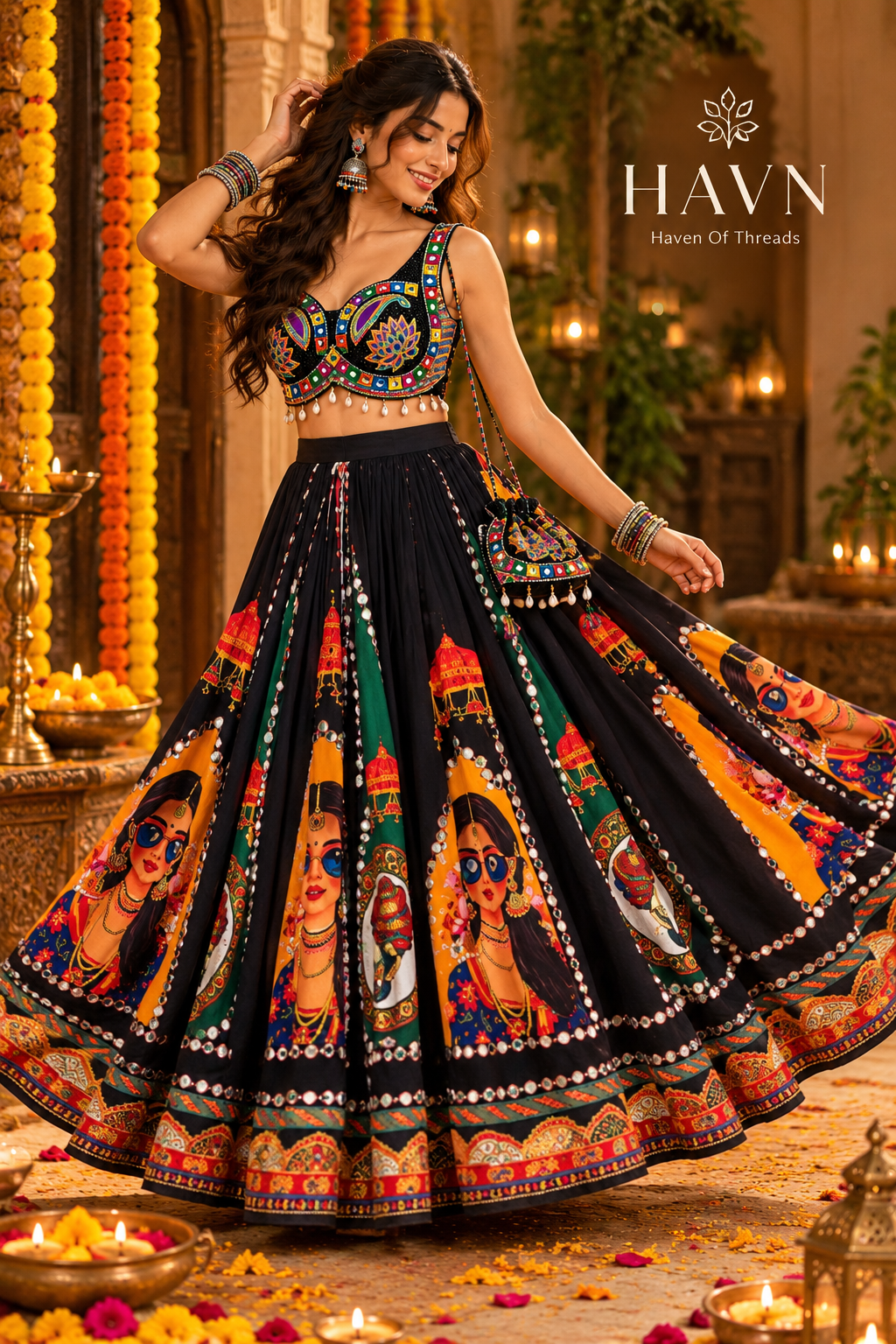 Navarathri Folk Art Lehenga Set 🖤