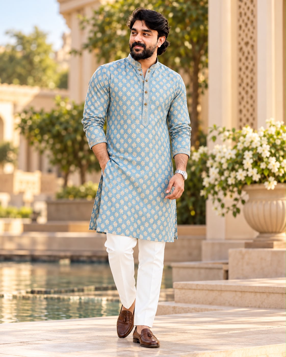 HAVN – Sky Blue & Gold Motif Men’s Kurta — Havnme fashion UAE