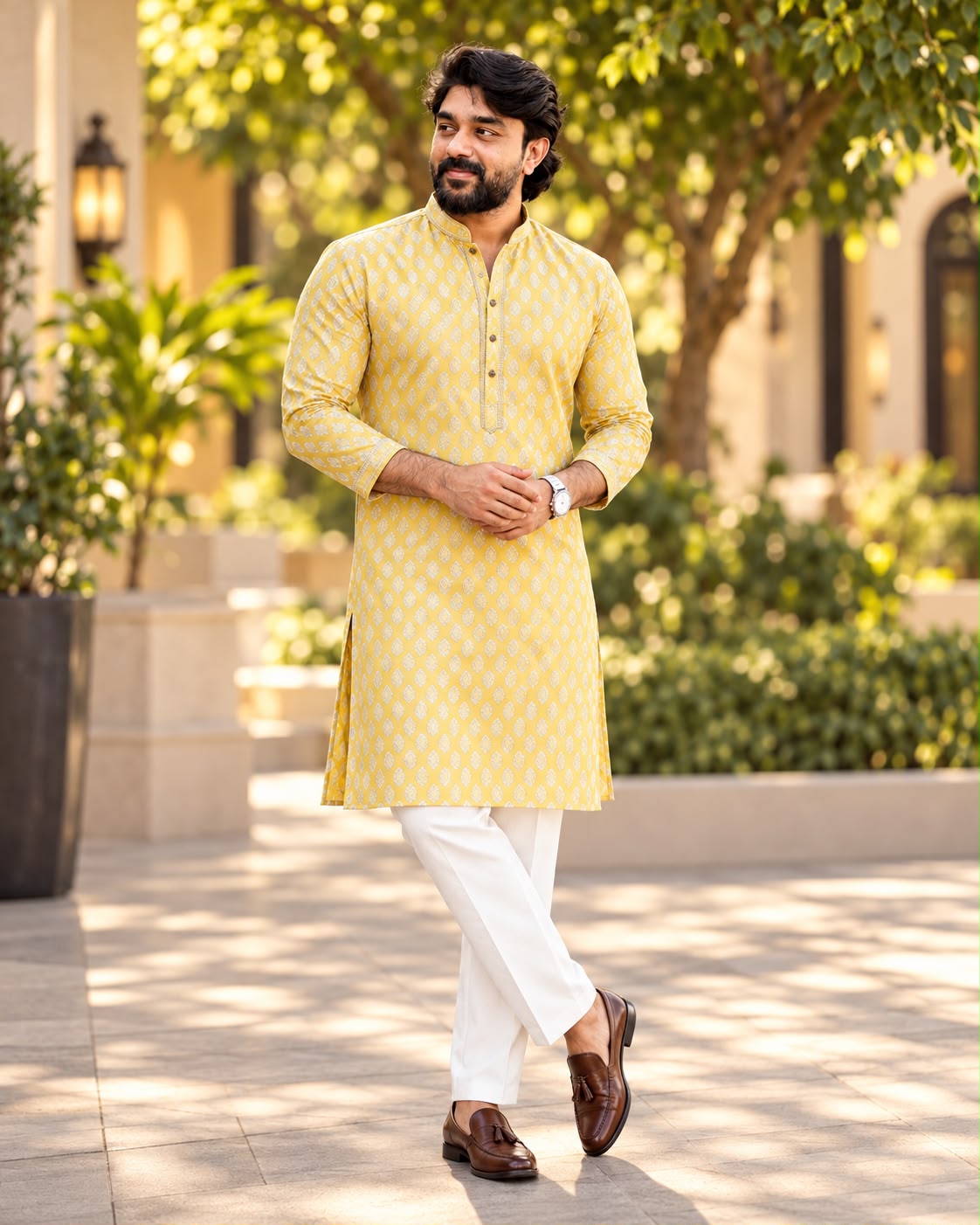 HAVN – Sunshine Yellow & Gold Motif Men’s Kurta — Havnme fashion UAE
