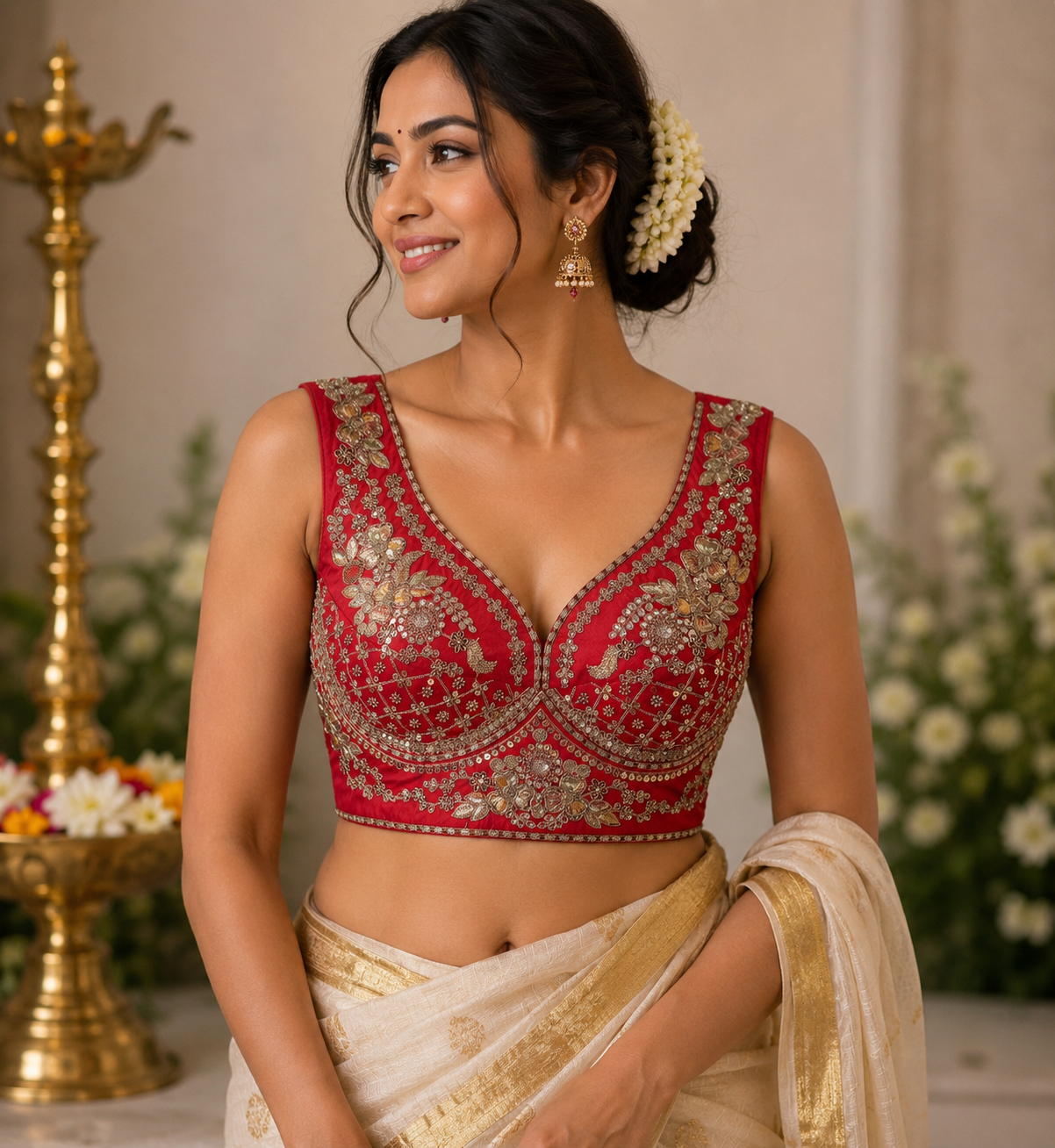 Floral Handwork Blouse - Red