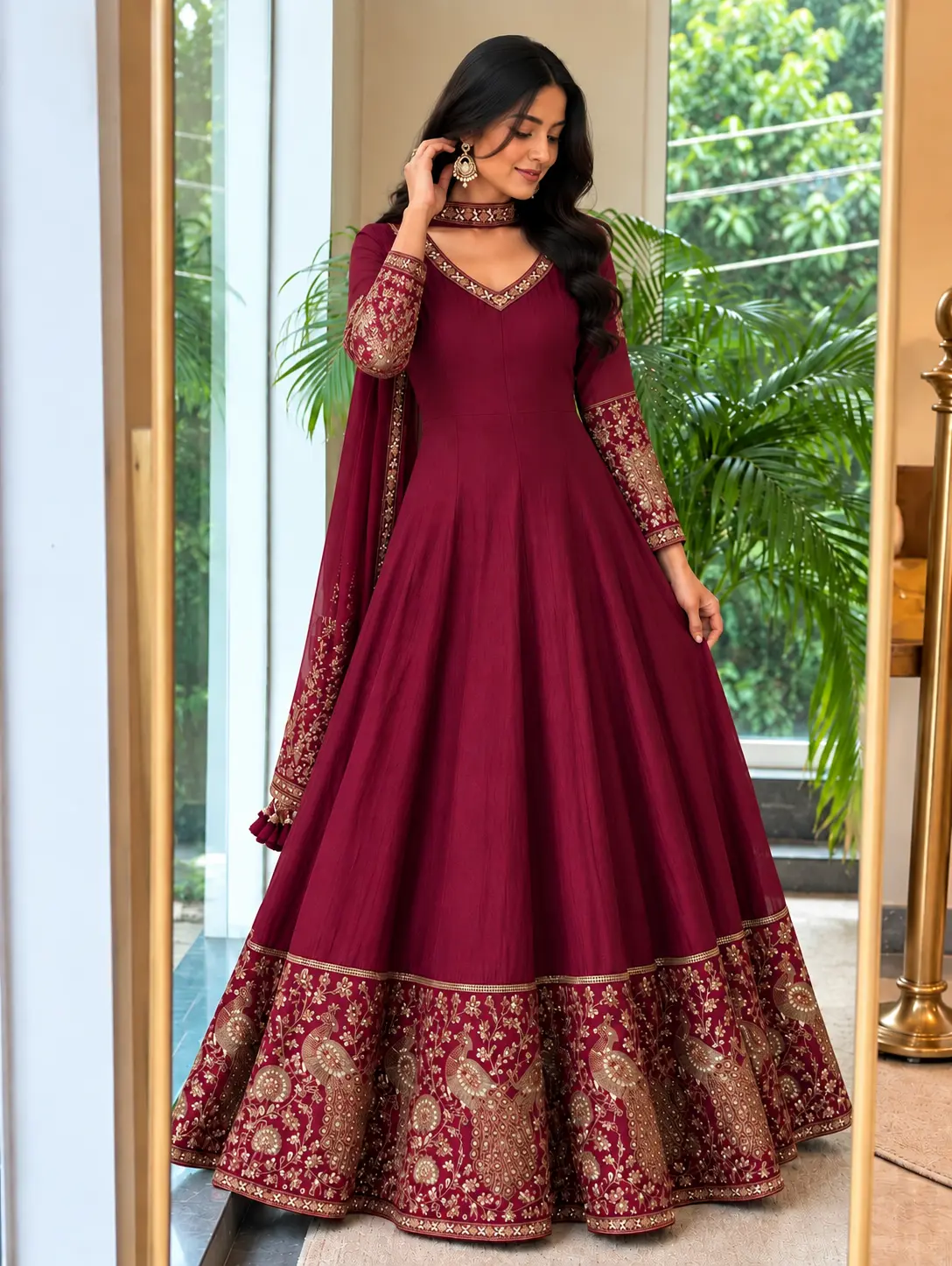 Mehr Maroon Peacock Anarkali — Havnme fashion UAE