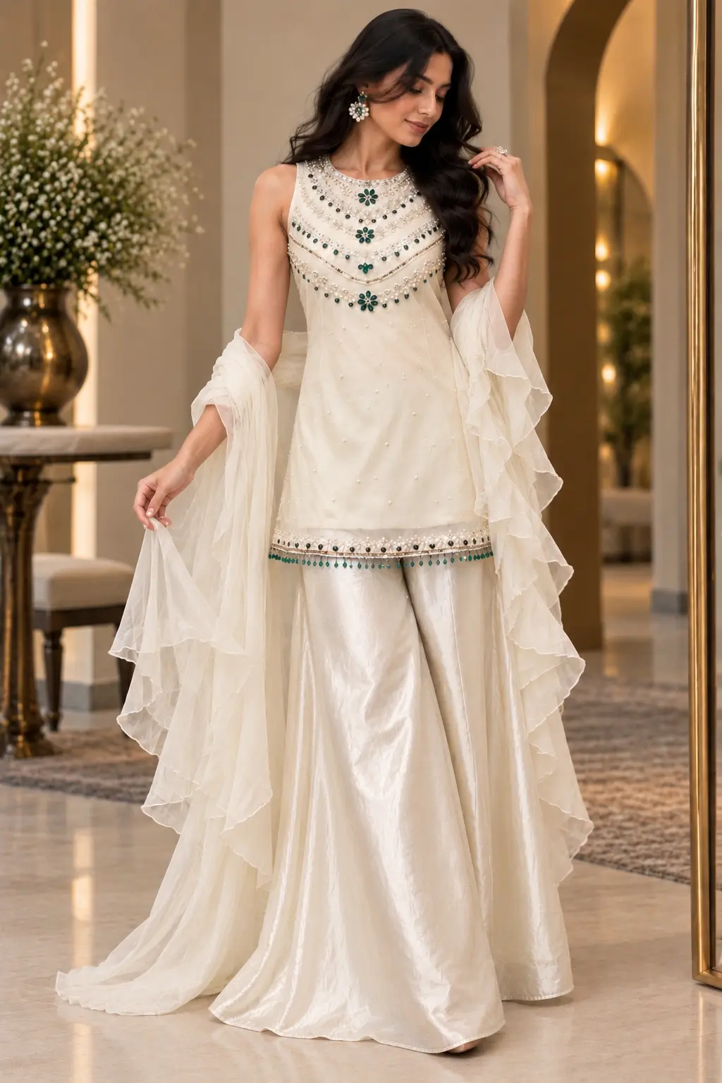 Ivory Emerald Grace Palazzo set